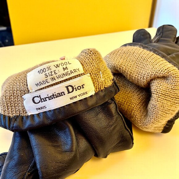 Chriistian Dior Vintage Hungary Black Leather Gloves Wool Lined Mens Medium - Picture 3 of 10
